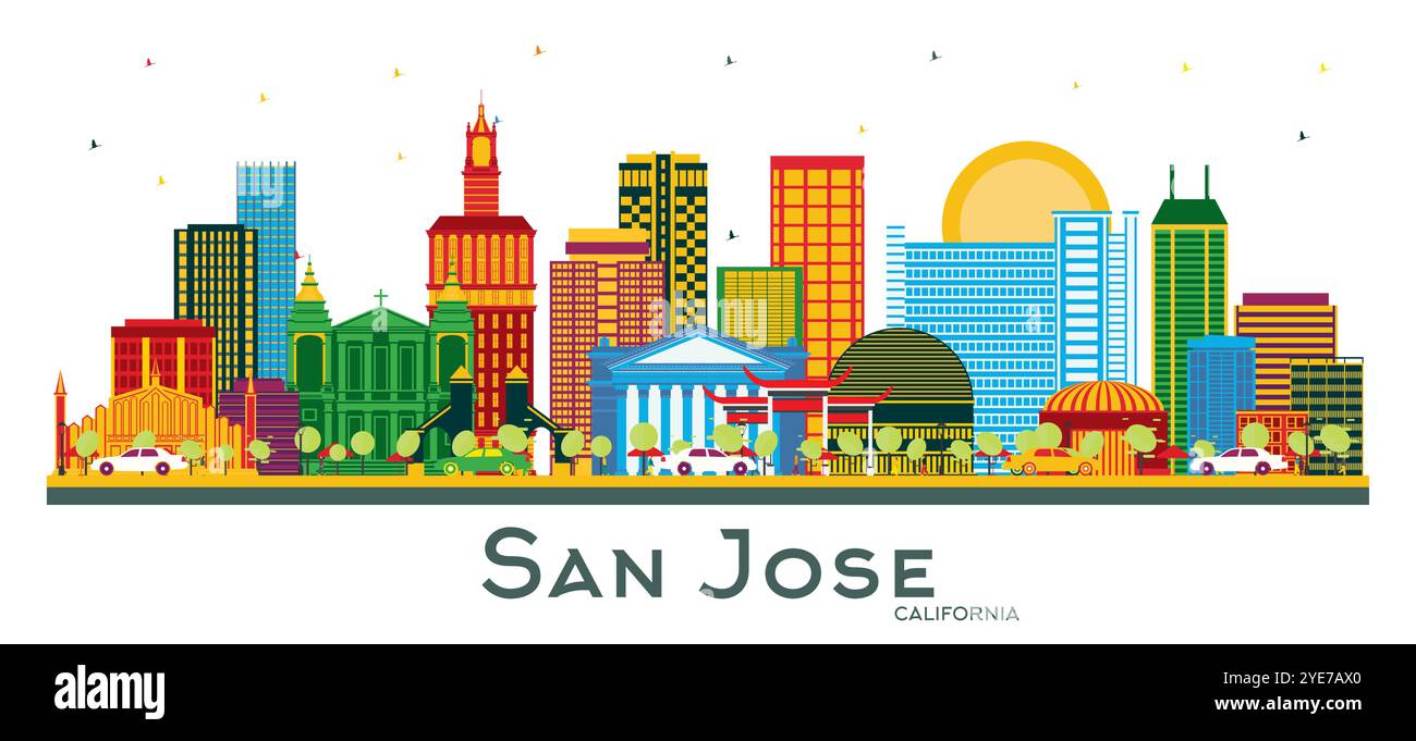 San Jose California Skyline mit Farbgebäuden isoliert auf weiß. Vektorabbildung. Business Travel and Tourism Konzept mit moderner Architektur. Stock Vektor