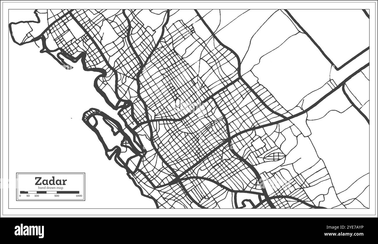 Zadar Kroatien Stadtplan in Schwarz-Weiß-Farbe im Retro-Stil. Übersichtskarte. Vektorgrafik. Stock Vektor
