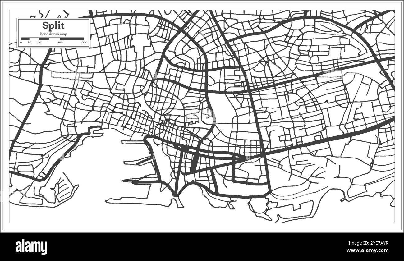 Split Kroatien Stadtplan in Schwarz-Weiß-Farbe im Retro-Stil. Übersichtskarte. Vektorgrafik. Stock Vektor