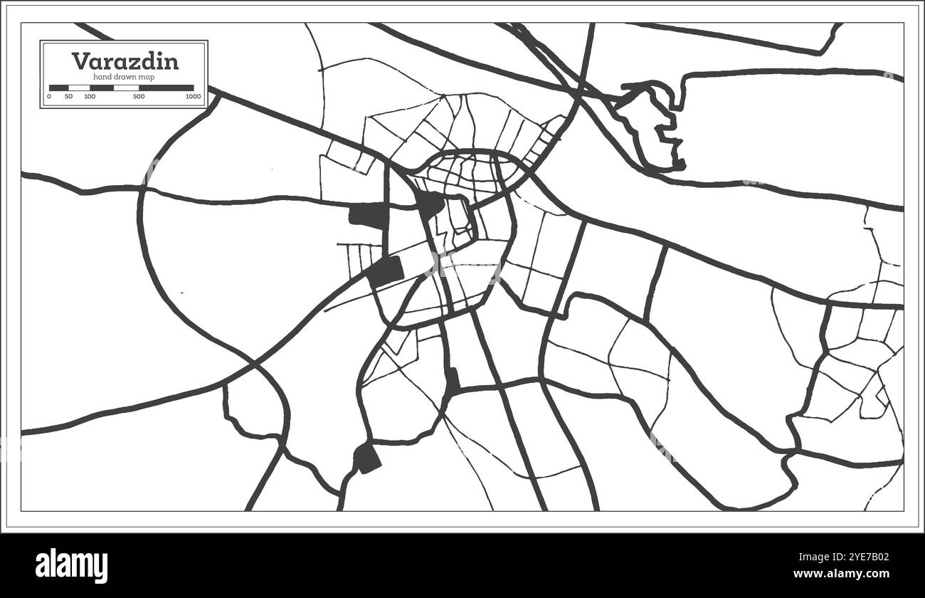 Varazdin Kroatien Stadtplan in Schwarz-Weiß-Farbe im Retro-Stil. Übersichtskarte. Vektorgrafik. Stock Vektor