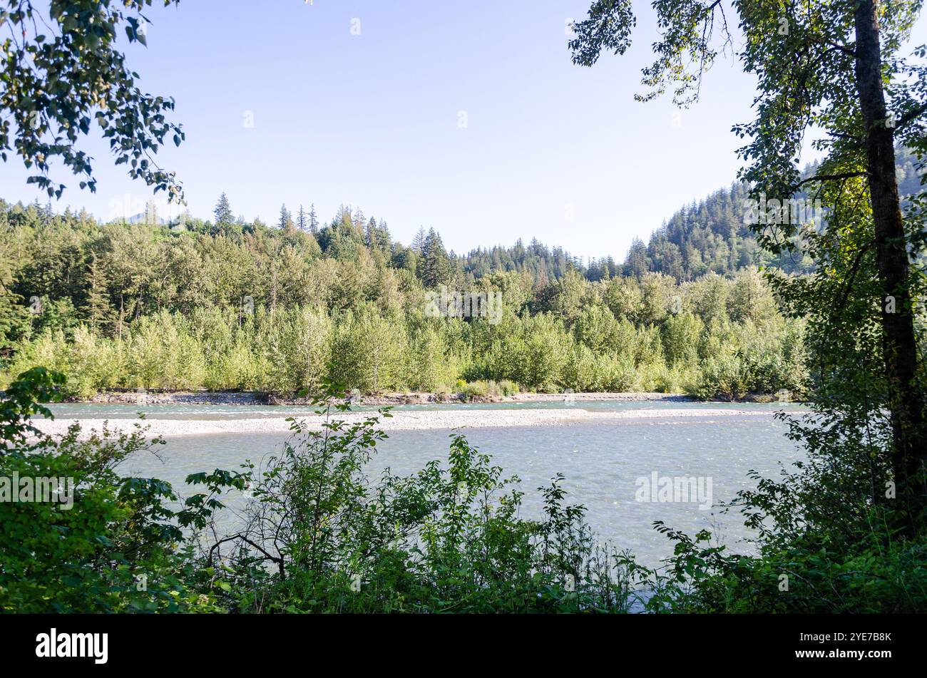 Faszinierender Blick auf den Vedder River, der sich durch Chilliwack, British C, Olumnbia, Kanada schlängelt Stockfoto