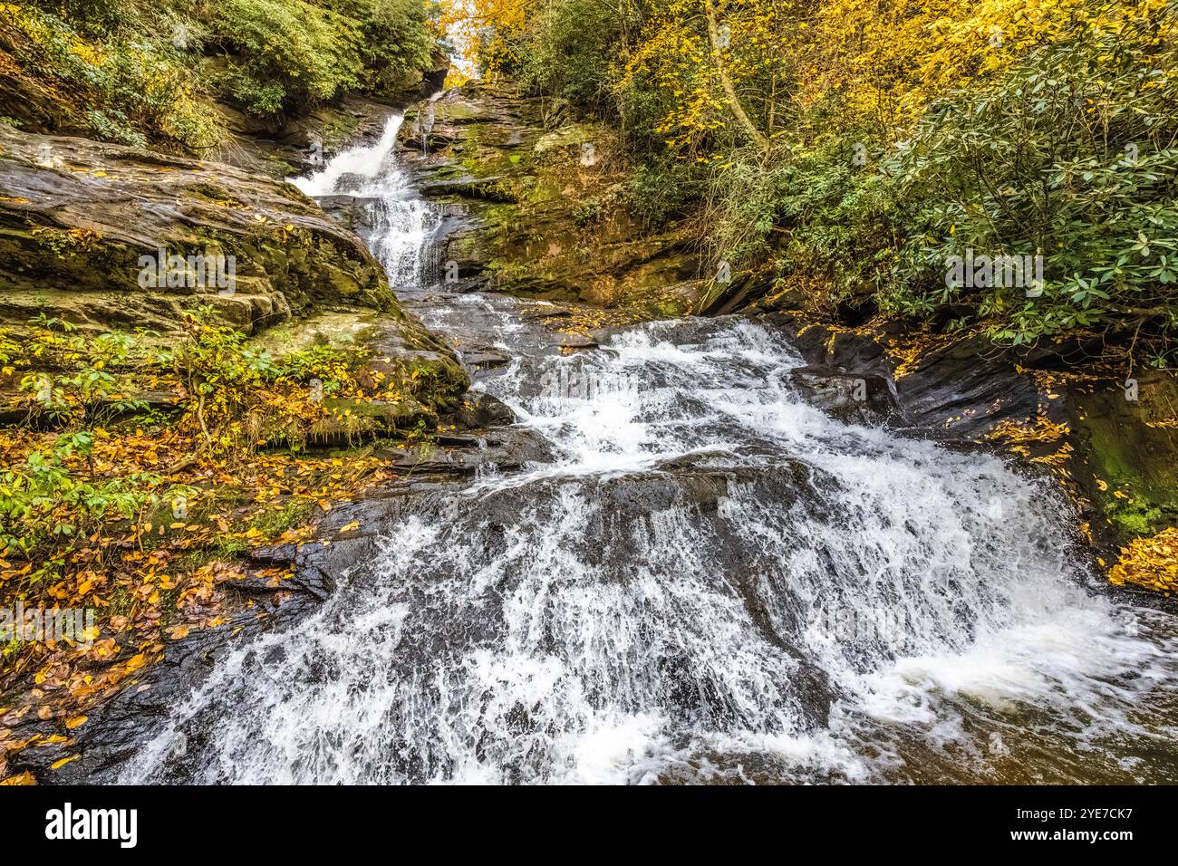 Mud Creek Falls mit Herbstlaub in Sky Valley, Georgia, zwischen Highlands, North Carolina und Dillard, Georgien. (USA) Stockfoto