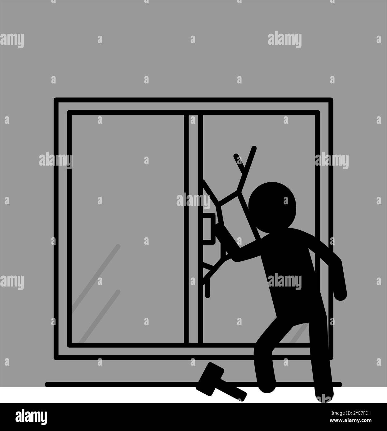 Verdächtige Person bricht ein, indem sie Fenster mit Hammer, Verbrechensverhütung und Haussicherheit Schwarzweiß-Symbole, Vektor-Illustration zertrümmert Stock Vektor