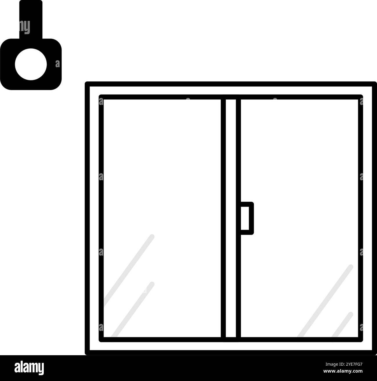 Fenster mit Überwachungskameras, Kriminalprävention und Haussicherheit Schwarzweiß-Symbole, Vektorillustration Stock Vektor