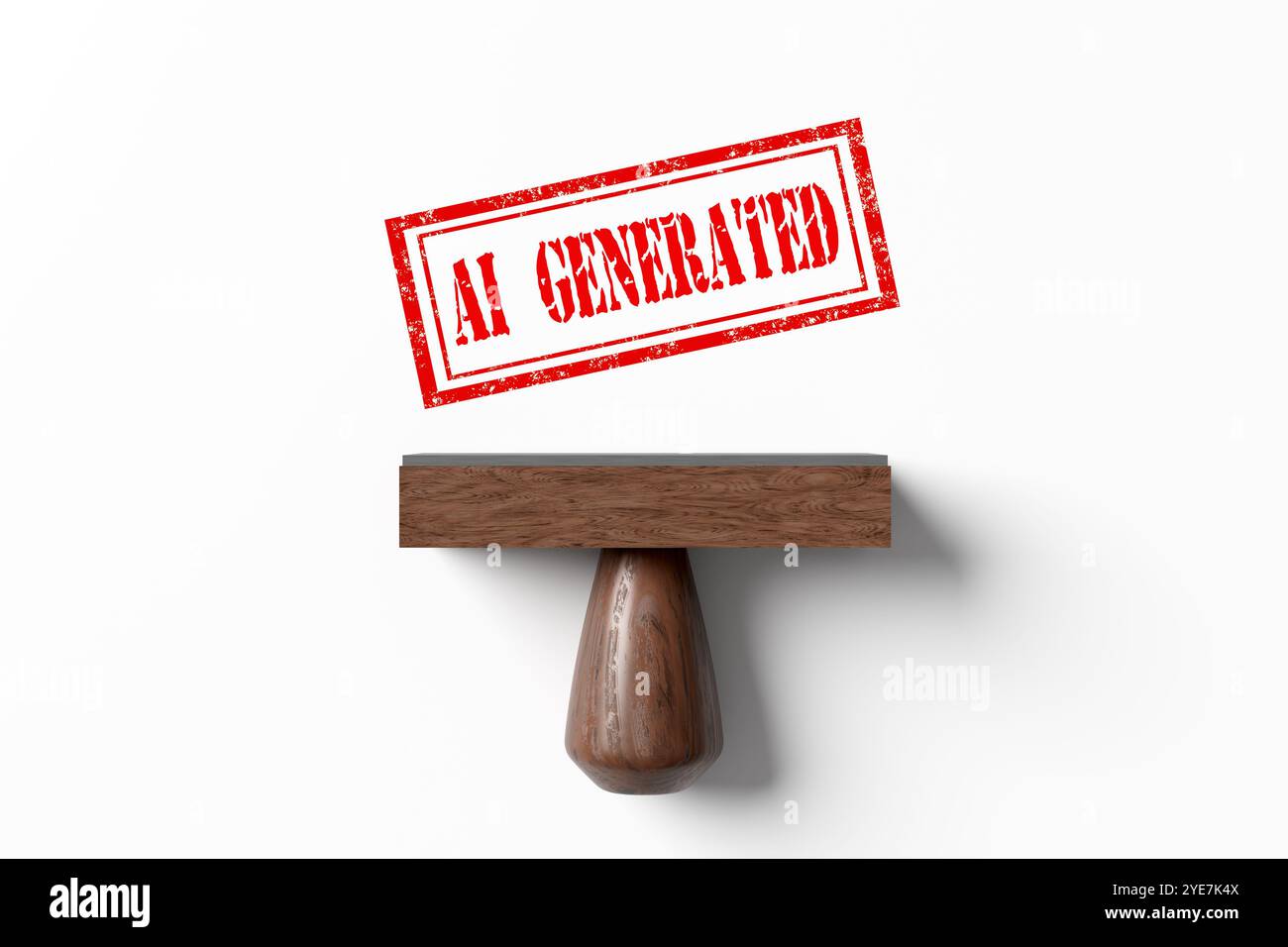 Der rote Stempel erzeugt einen KI-generierten Abdruck auf weißem Hintergrund, der Automatisierung und maschinelles Lernen veranschaulicht. 3D-Rendering. Stockfoto
