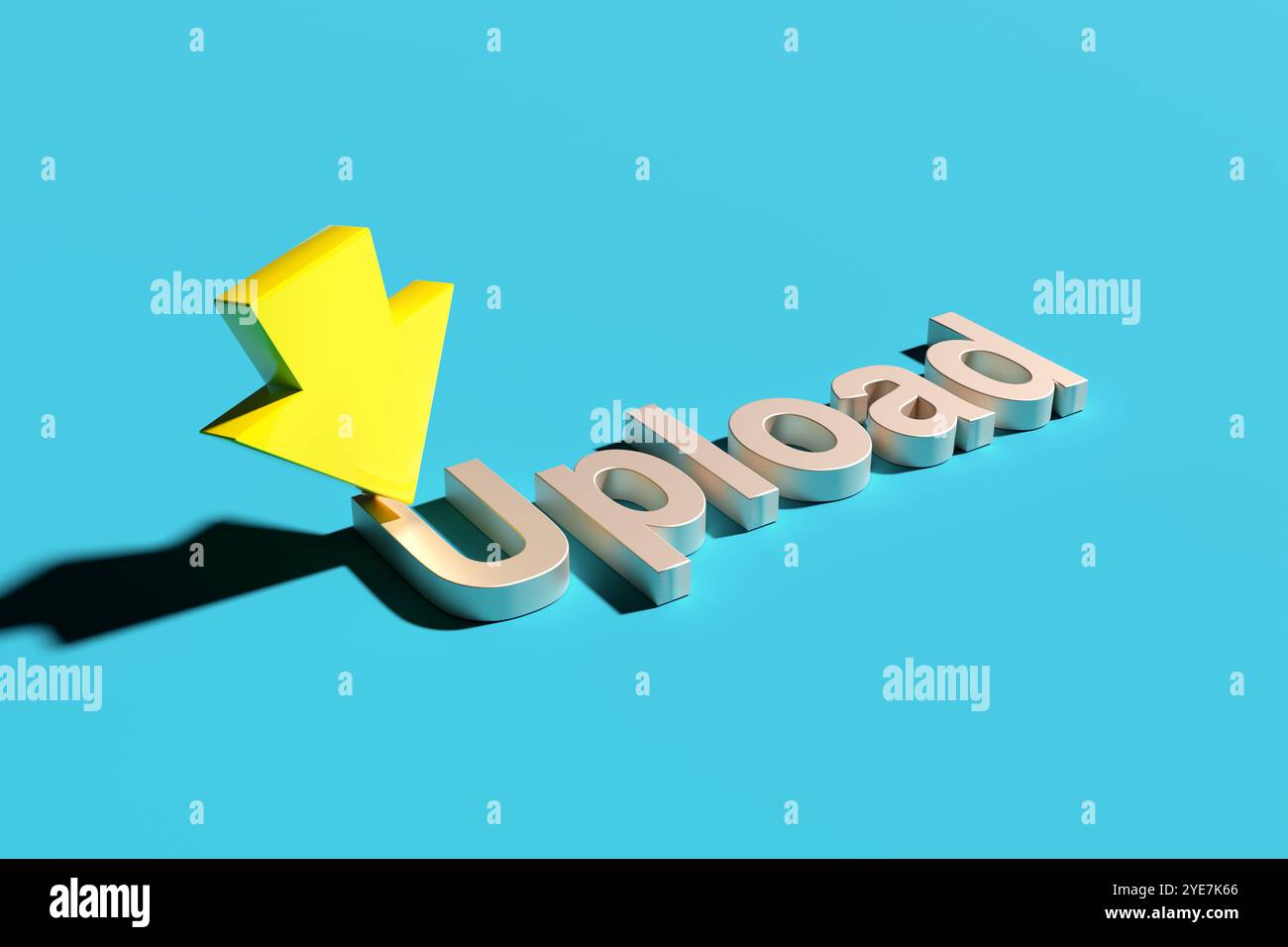 3D-Abbildung eines gelben Pfeils, der nach unten auf ein Upload-Wort zeigt und die Datenübertragung und die gemeinsame Nutzung digitaler Inhalte symbolisiert. Stockfoto