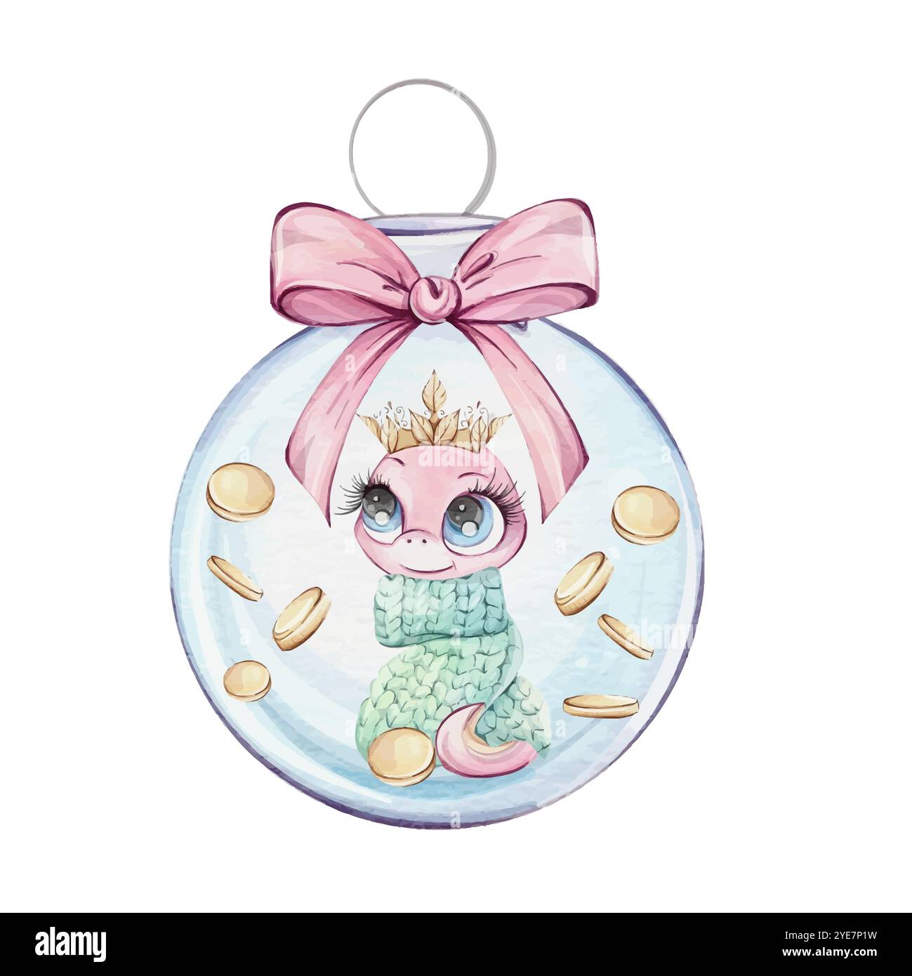 Eine entzückende und niedliche Zeichentrickfigur, die fröhlich in einem wunderschönen Weihnachtsschmuck ruht. Symbol Reichtum des chinesischen Neujahrs 2025 in niedlichem Zeichentrick Stock Vektor