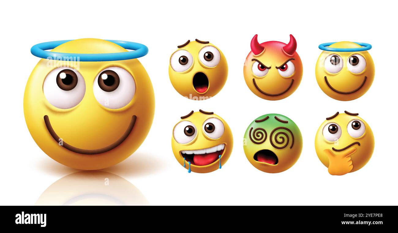 Emoji Engel Emoticon Charaktervektor Set. Emojis mitfühlende und freundliche Gesichter mit gelben Emoticons wie Schock, Teufel, Güte, Begierde. Stock Vektor