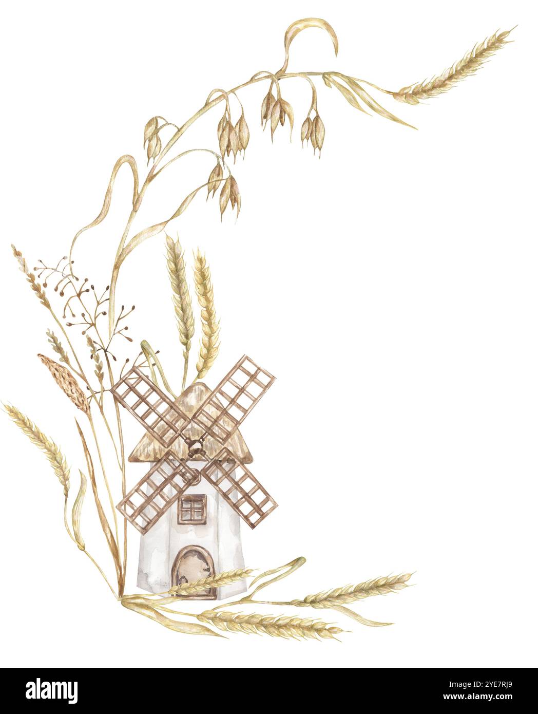 Aquarell handgezeichnet botanischer Haferzweig, Weizen, Bauernhof alte Windmühle und Wiesenflora Blumenstrauß-Rahmenillustration, grafische Feldpflanzengrenze Compositi Stockfoto