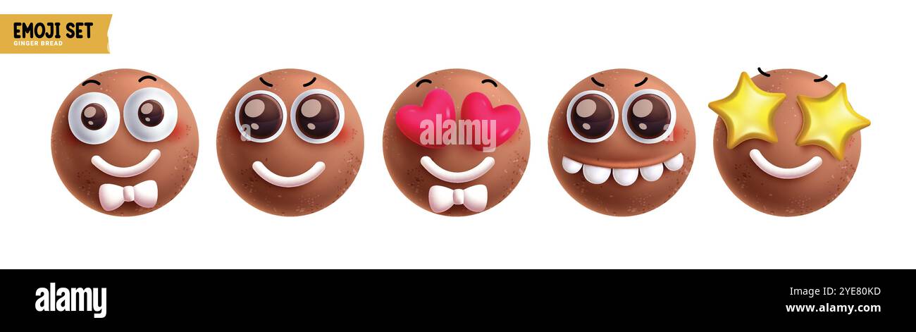 Emoji weihnachten Ingwerbrot Emoticon Charaktere Vektor Set. Emojis Weihnachtsfigur in glücklich, lächelnd, verliebt, lustig, frech, staunend und süßer Keks Stock Vektor