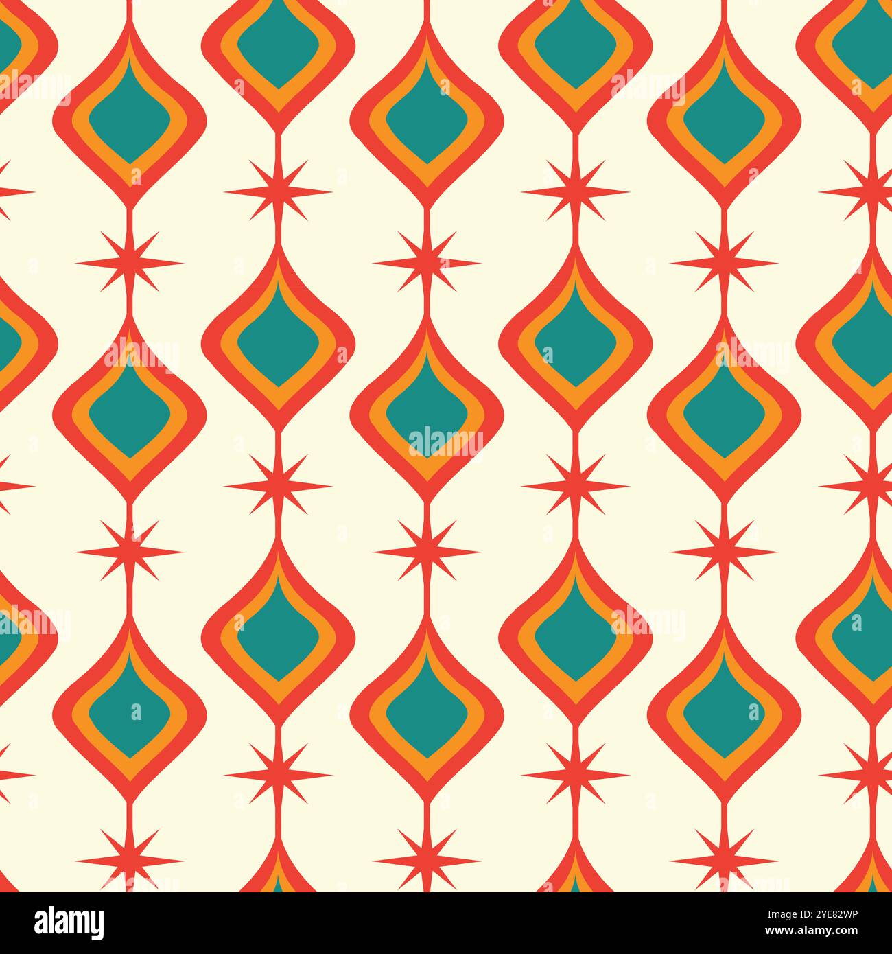 Ogee ovale aus der Mitte des Jahrhunderts mit nahtlosen Atomstarbursten in Orange, Petrol und Rot. Für Tapeten, Wohnkultur und Textilien Stock Vektor
