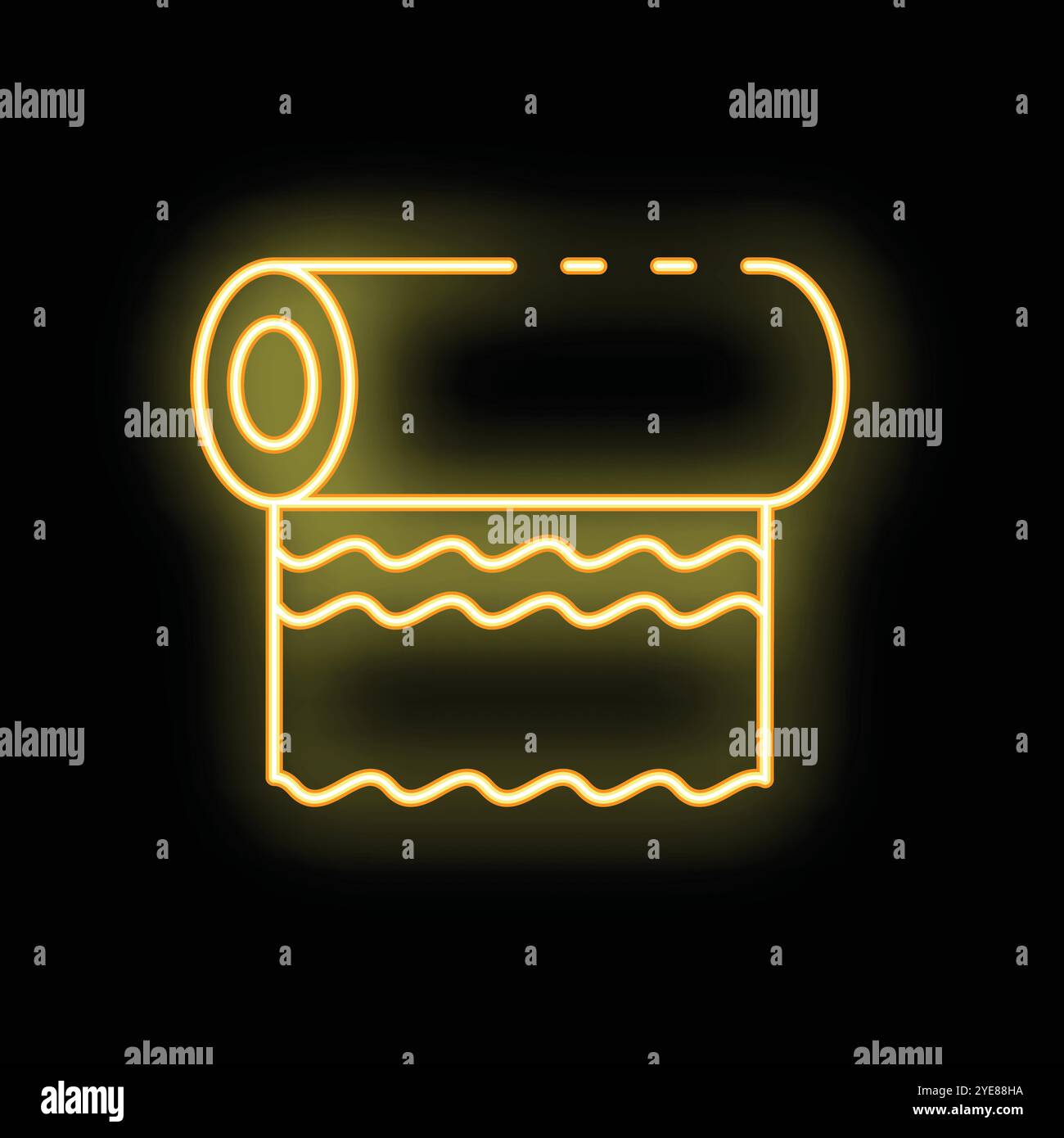 Gelbes leuchtendes Neonsymbol einer Rolle Papiertücher, isolierte Vektorillustration auf schwarzem Hintergrund Stock Vektor