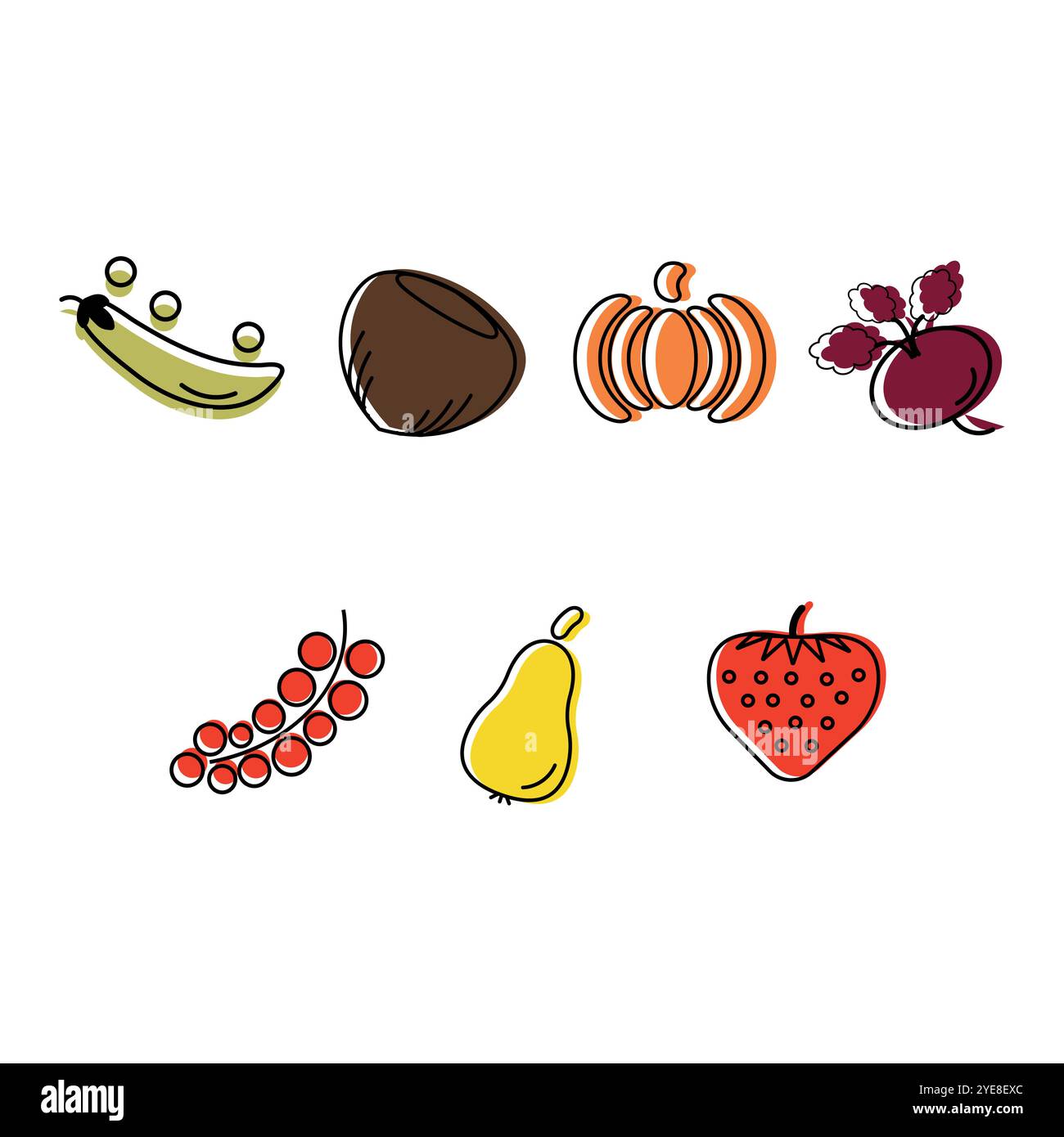 Liniensymbole auf weißem Hintergrund. Sammlung von gesunden und biologischen Lebensmitteln - Obst, Beeren, Gemüse, Nuss, Hülsenfrüchte. Stock Vektor