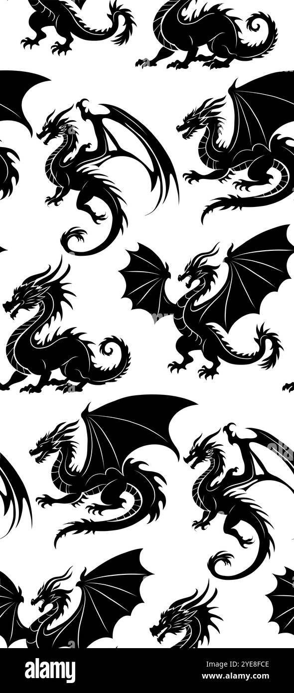 Nahtloses Vektormuster mit schwarzer Silhouette bei Drachen. Textur mit Schatten von Wyverns auf weißem Hintergrund. Hintergrund mit mythologischem Märchen Stock Vektor
