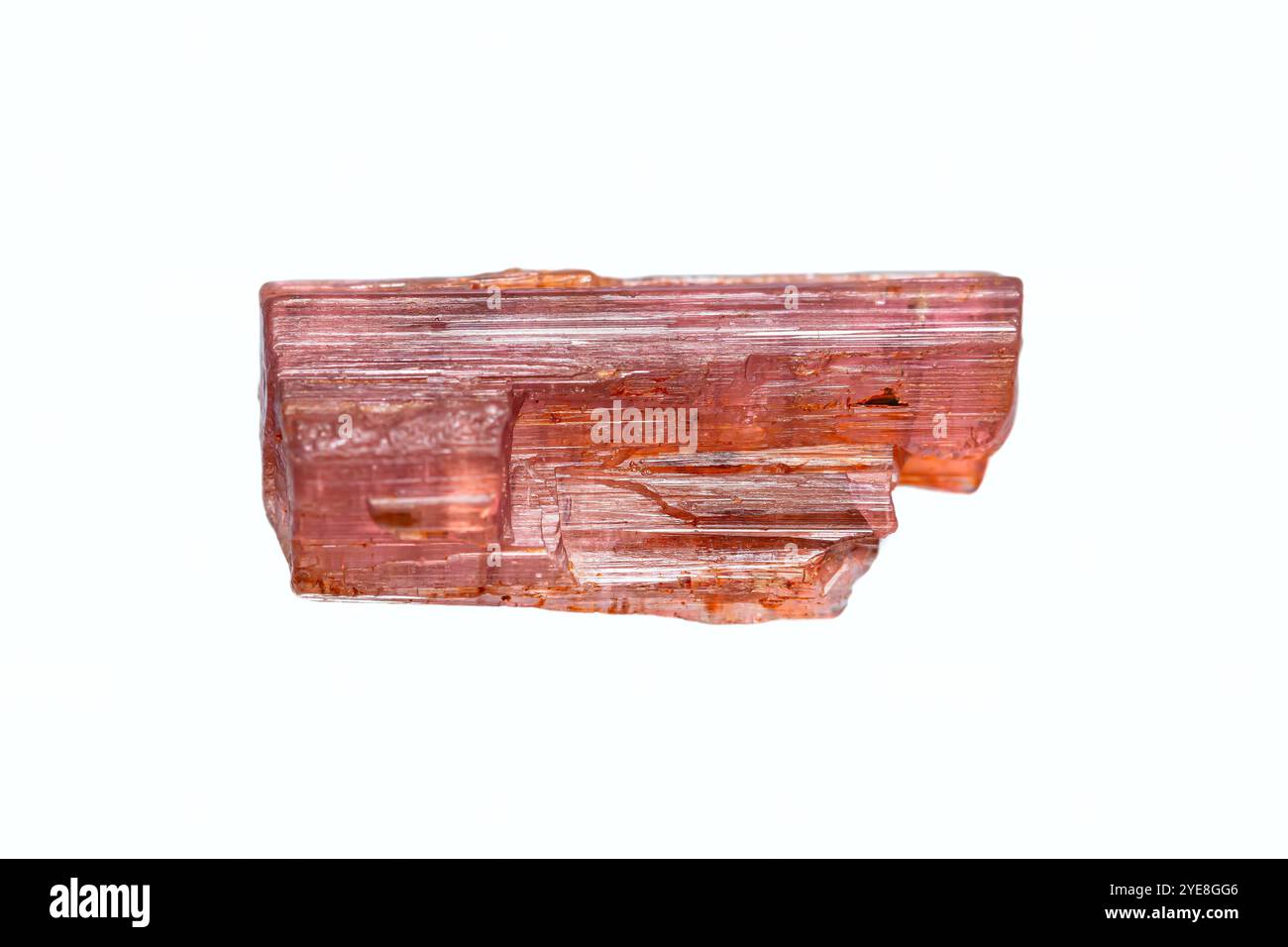 Natürlicher rauer Rubellith-Edelstein auf weißem Hintergrund (Erdmineralien – Turmalin-Edelsteingruppe) Stockfoto