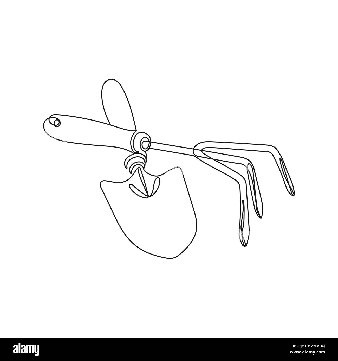 Gartenwerkzeuge, Schaufel und Rechen. Einzeilige Art. Garten- oder Pflanzkonzept. Handgezeichnete Vektorgrafik. Stock Vektor