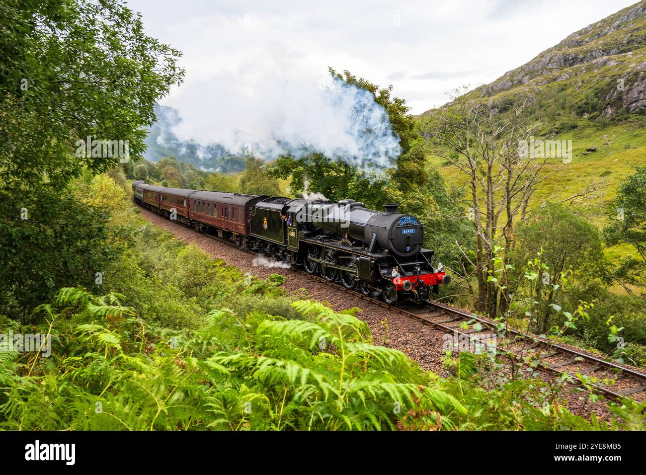 Jacobite Express Steam Train auf der West Highland Line von Fort William nach Mallaig in Lochaber, Scottish Highlands, Schottland Stockfoto