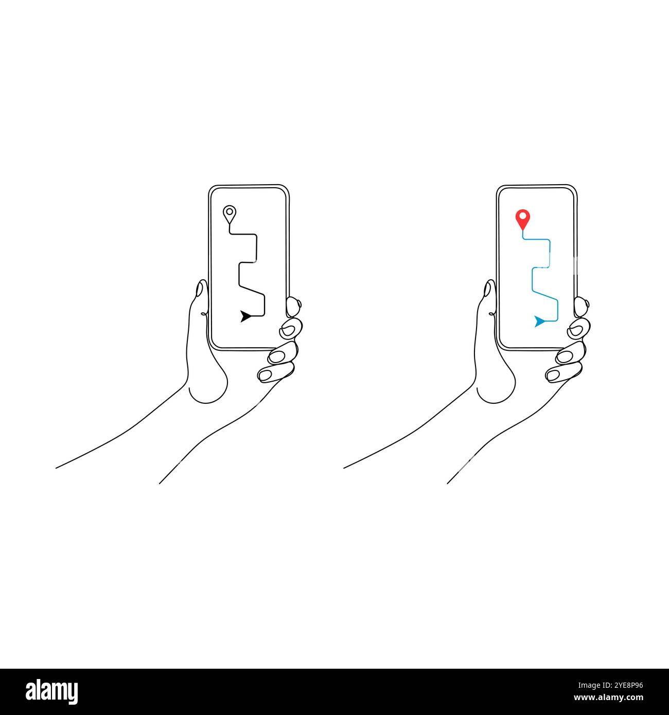 Handheld-Telefon, Smartphone mit Navigation. Einzeilige Art. Person, die die Vorrichtung hält. Handgezeichnete Vektorgrafik. Stock Vektor