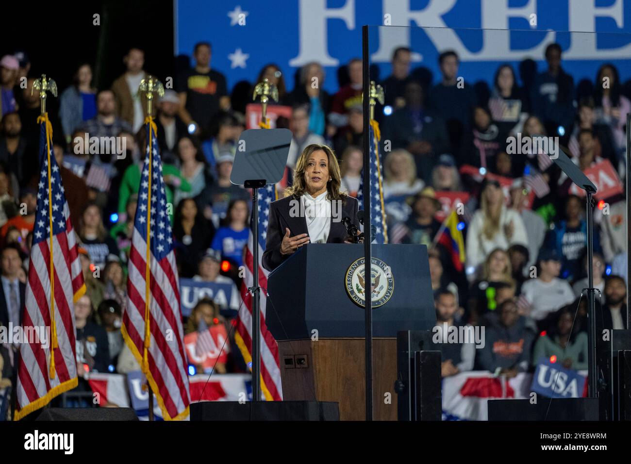 Die US-Vizepräsidentin Kamala Harris, die 2024 für die Präsidentschaftskandidatin der Demokratischen Partei nominierte Präsidentschaftskandidatin der USA, bringt am Dienstag, den 29. Oktober 2024, ihre Schlussrede vor den Wählern der Ellipse in Washington, DC, vor. Die Vizepräsidentin machte ihre Ausführungen eine Woche vor dem Wahltag. Kredit: Daniel Heuer/CNP /MediaPunch Stockfoto