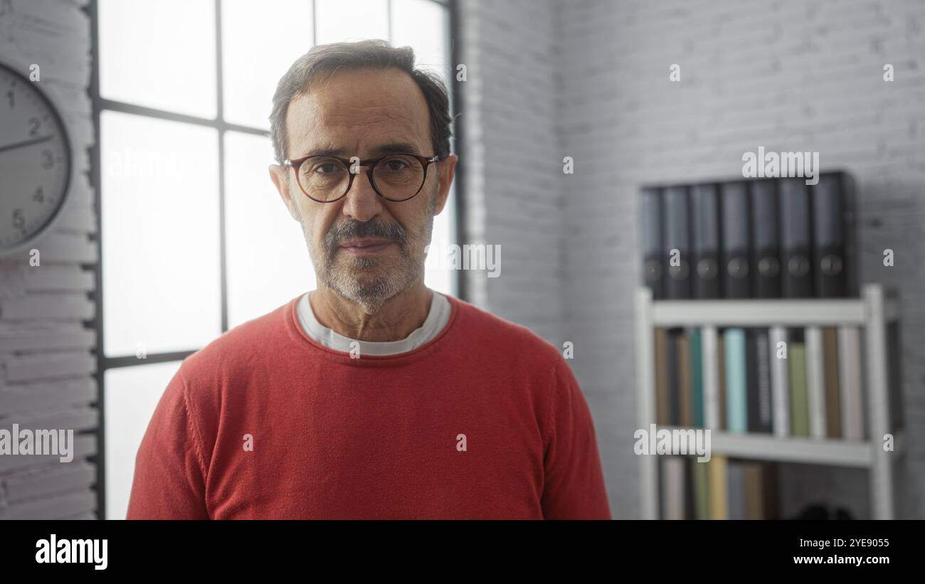 Gutaussehender Mann, der in einem Büro steht, mit einem Reifen Auftreten, einer professionellen Atmosphäre und umgeben von organisierten Dokumenten Stockfoto