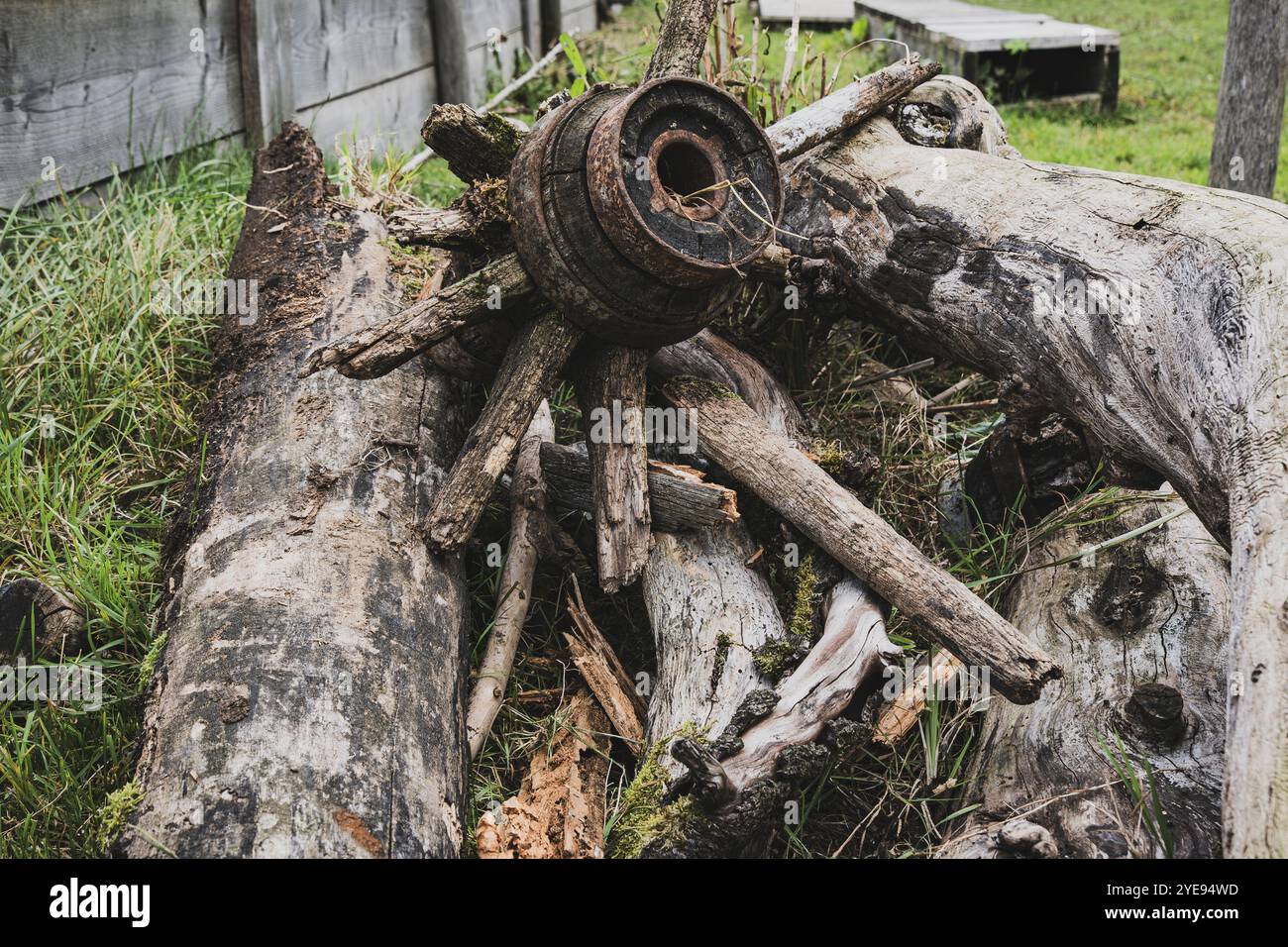 Altes verfaultes und verwittertes Wagenrad, von dem nur noch die Radnabe und ein paar Speichen übrig sind, auf einem Holzhaufen hinter einem Bauernhof. Stockfoto