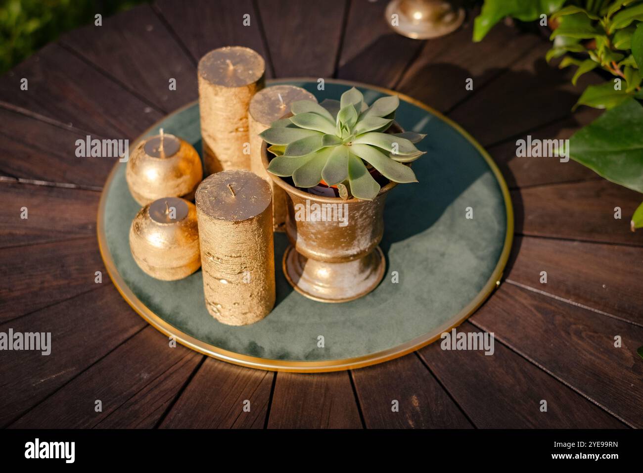Kerzen unterschiedlicher Höhe und ein üppiger saftiger Stoff werden elegant auf einem runden Tablett auf einem Holztisch präsentiert, umgeben von Grün unter strahlender Sonne Stockfoto