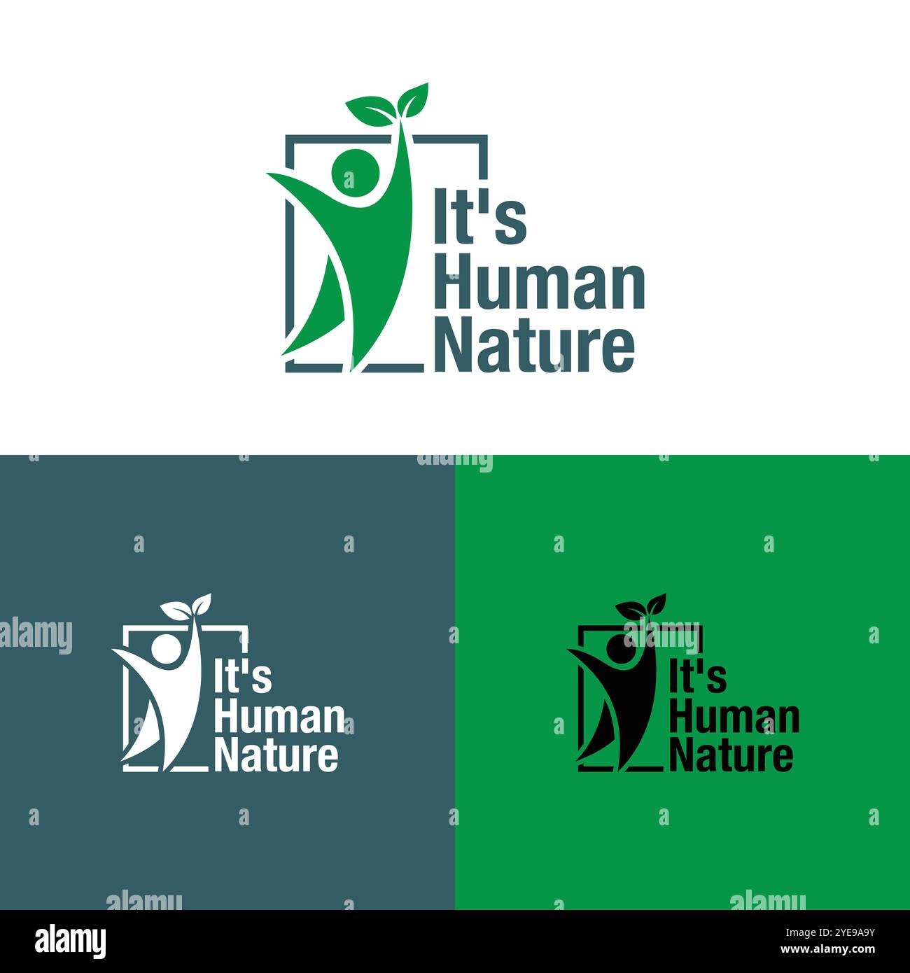 Vektor-Logo für einen gesunden Lebensstil mit einer Person, die ein grünes Blatt hält, seine menschliche Natur minimales Logo Design Stock Vektor