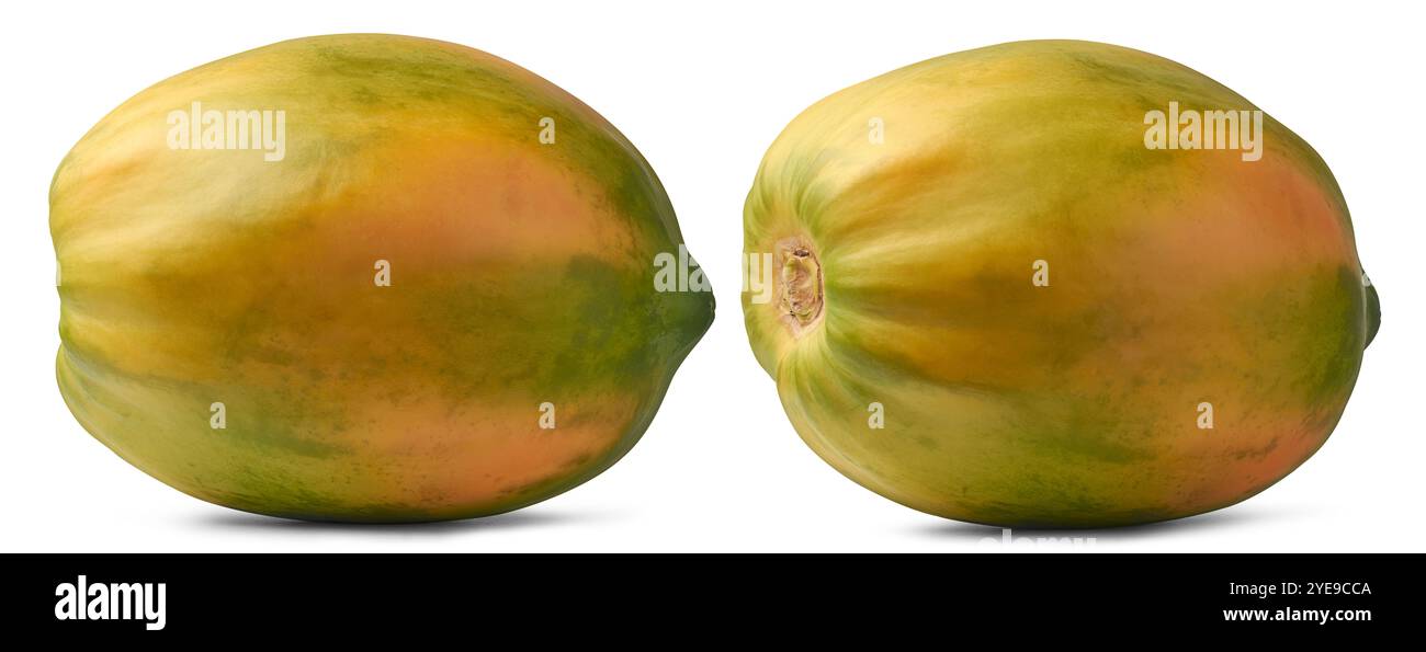 Nahaufnahme der reifenden ganzen Papaya isolierten weißen Hintergrund, saftige süße Früchte, die bereit sind, mit gelber und grüner Haut zu essen, in verschiedenen Winkeln aufgenommen Stockfoto