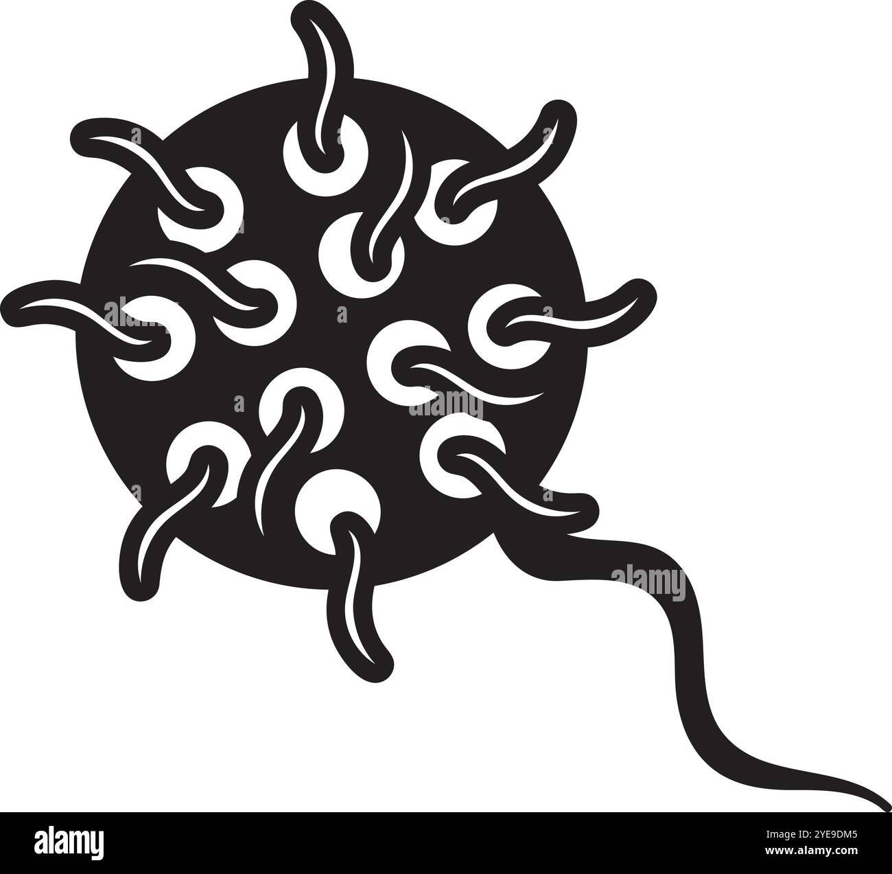 Fesselndes Schwarz-weiß-Symbol der Virus-Ausbreitung Ansteckung mit Ranken. Komplizierte Details zeigen Biologie und Wissenschaft von Krankheiten. Gesundheitsrisiken Stock Vektor