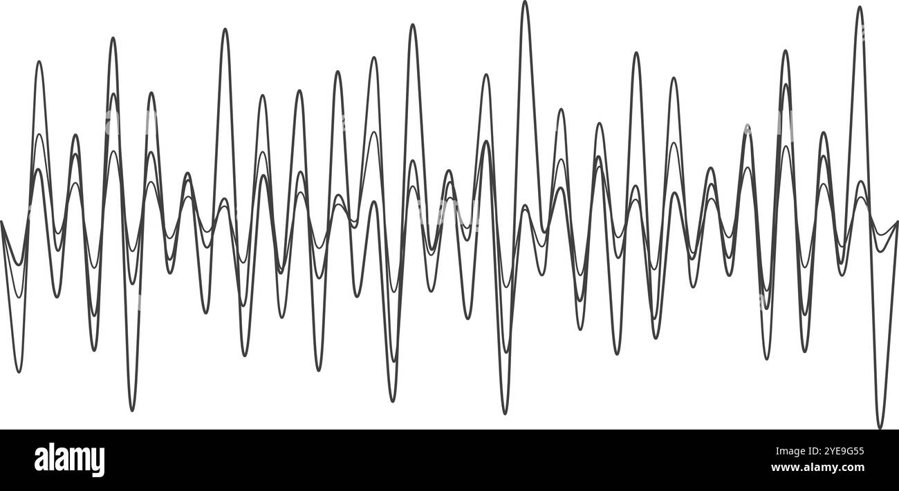 Oszillierende Linien erzeugen abstrakte Schallwellen auf weißem Hintergrund mit modernem minimalistischem Design in Grautönen, das Kommunikation und Technologie vermittelt Stock Vektor
