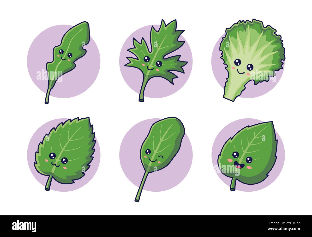 Frisches Kräuterset. Süße Kawaii Kräuter Charaktere, Blätter, Äste. Illustration von Vektor-Zeichentricksymbolen. Stock Vektor