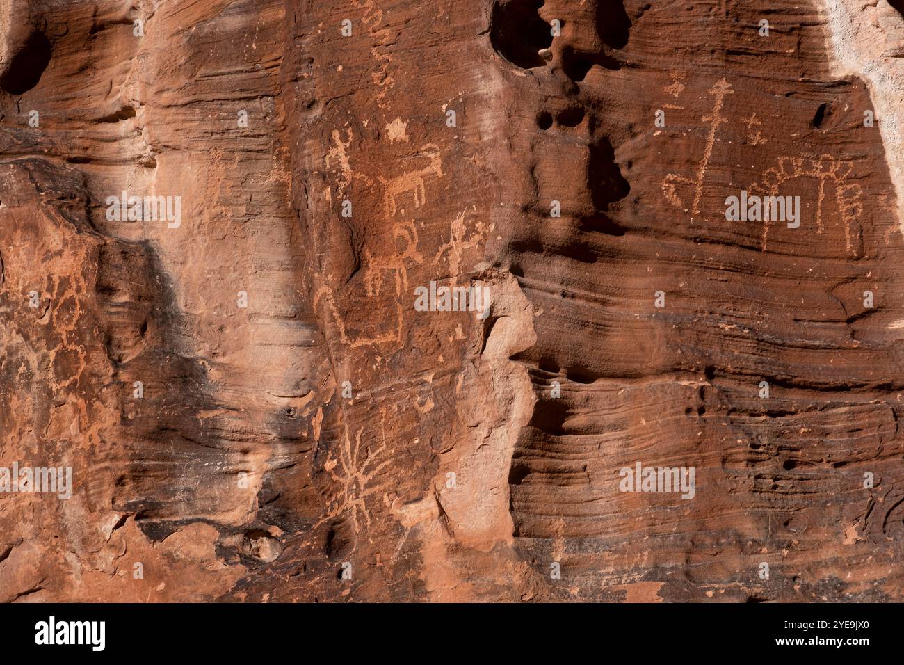 Einheimische amerikanische Felskunst oder Petroglyphen auf Canyon Wall, Petroglyph Canyon, Mouses Tank Trail, Valley of Fire State Park, Nevada, USA Stockfoto