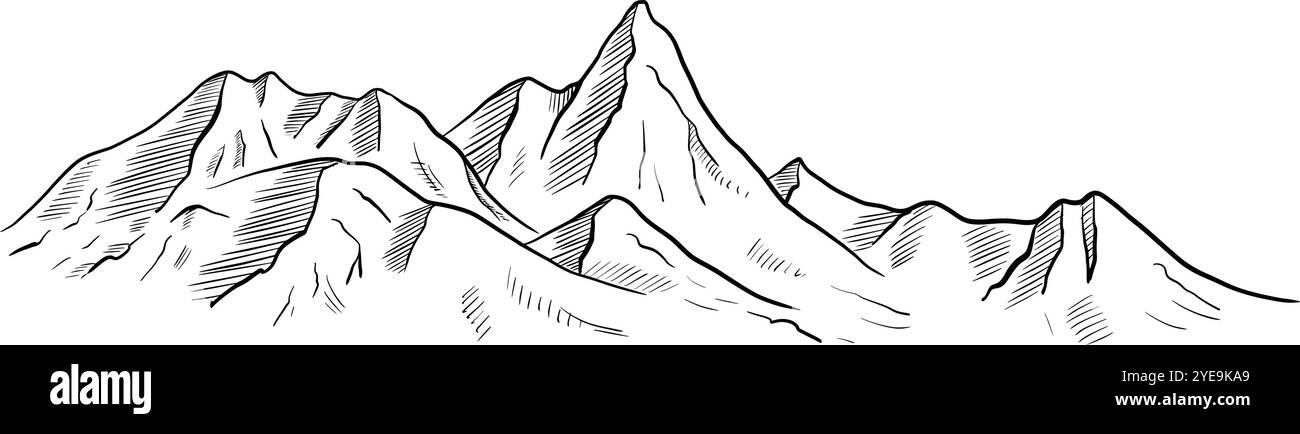 Vektor-Illustration der Bergkette. Lineare Zeichnung in Schwarz-weiß-Tinte von Hügeln für Reise- und Kartografiedesign. Ätzung von Steinen, gemalt im Stil von Line Art. Ätzung der Relieflandschaft mit Peak. Stock Vektor