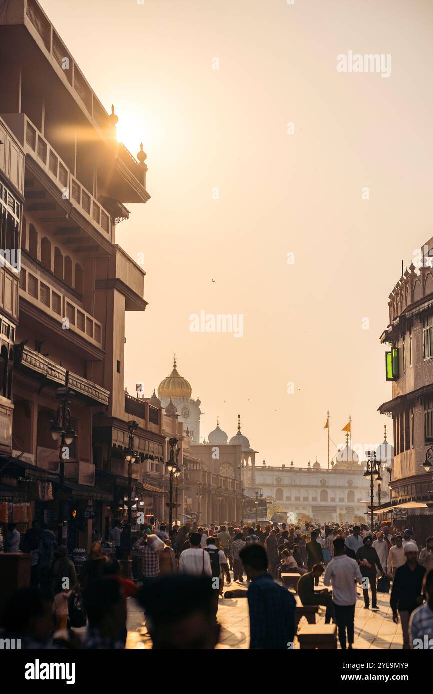 Sonnenuntergangslicht über dem Goldenen Tempel, einem Sikh Gurdwara in Amritsar, Punjab, Indien; Amritsar, Punjab, Indien Stockfoto