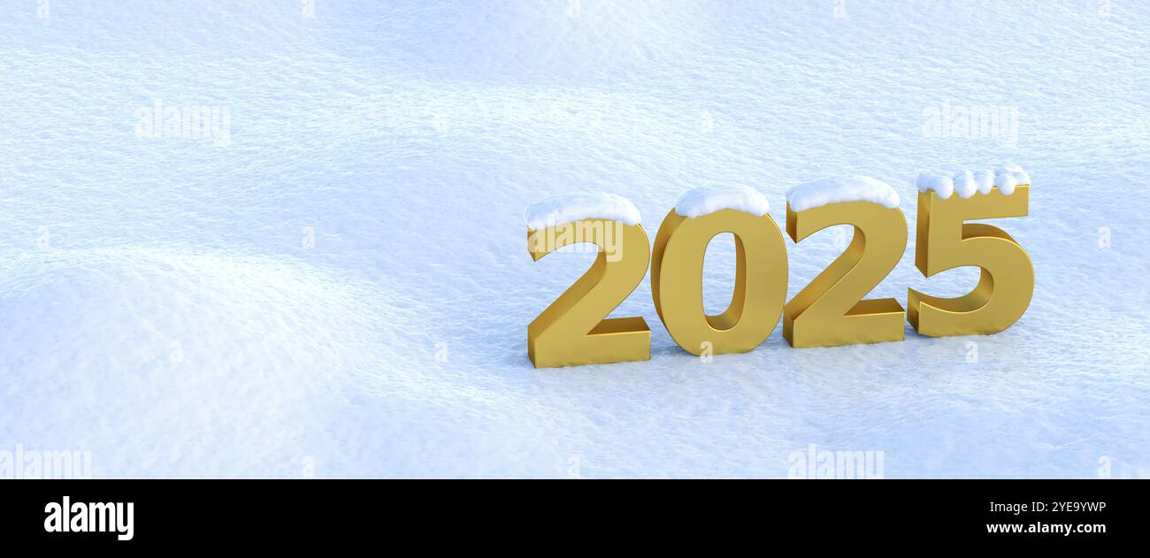 Happy New Year 2025 Konzept: Die goldenen Zahlen 2025 schneebedeckt und im Schnee stehend. Webbanner Stockfoto