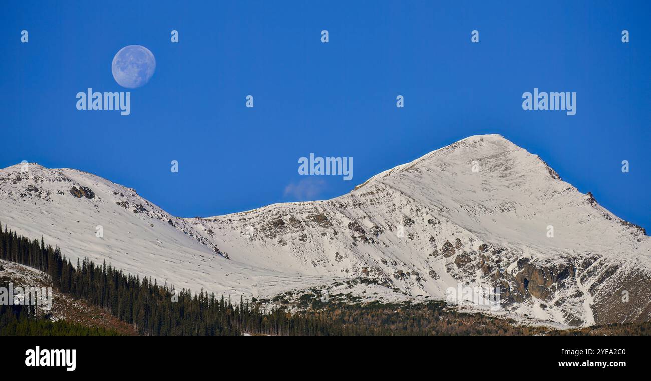 Moonset über Mount Collembola, Kananaskis Country, Alberta, Teil des Golden Eagle Highway. Jedes Frühjahr folgten Goldadler (und andere Raptoren)... Stockfoto