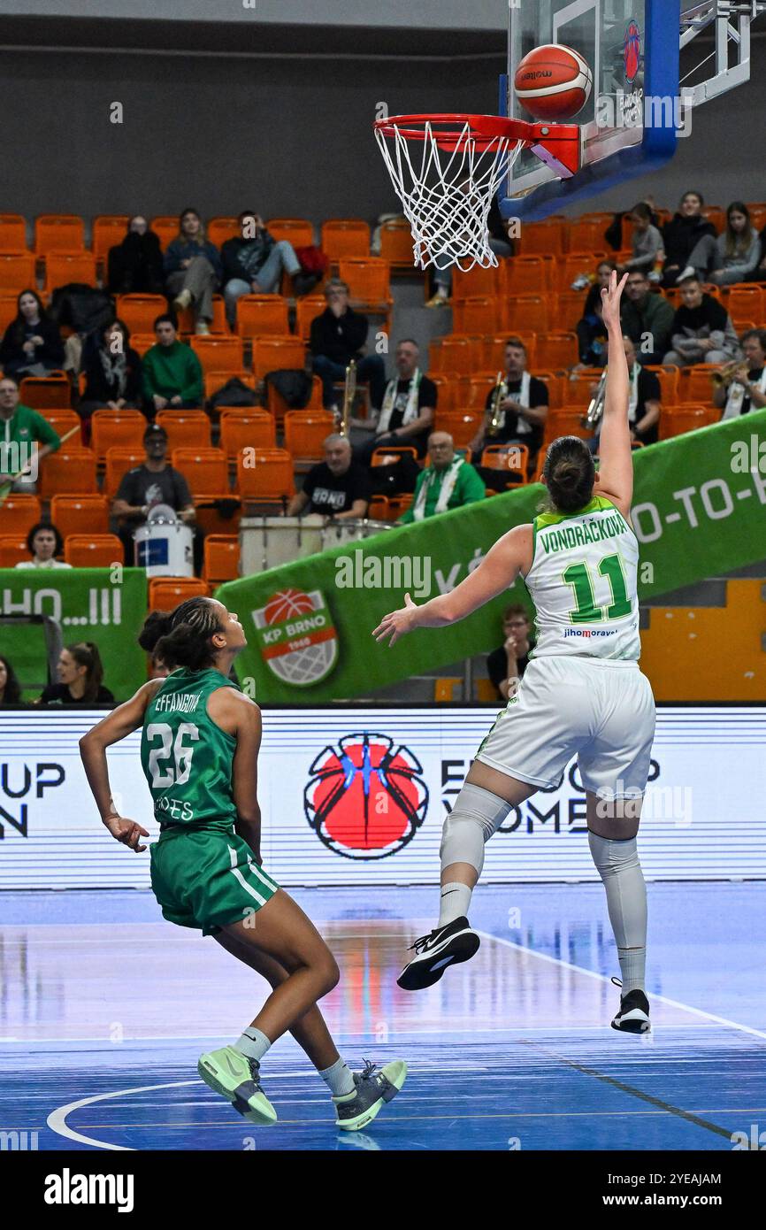 Brünn, Tschechische Republik. 30. Oktober 2024. Von links Pamela-Therese Effang von Sportiva und Michaela Vondrackova von Brünn im Spiel während des Basketball EuroCup Frauen Gruppe J 4. Runde Spiel: KP Tany Brno vs Sportiva (Portugal) in Brünn, Tschechische Republik, 30. Oktober 2024. Quelle: Vaclav Salek/CTK Photo/Alamy Live News Stockfoto