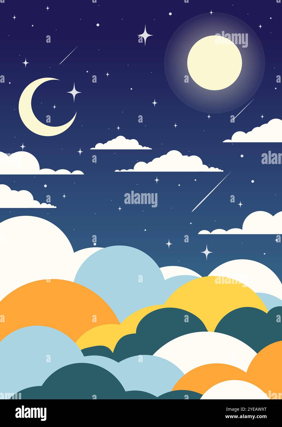 Wunderschönes Poster mit Mond am Sternenhimmel. Babyzimmer mit Sternen, Wolken, 2D-Kunst. Flache Zeichentrickgrafik bunte Vektor-Illustration Stock Vektor