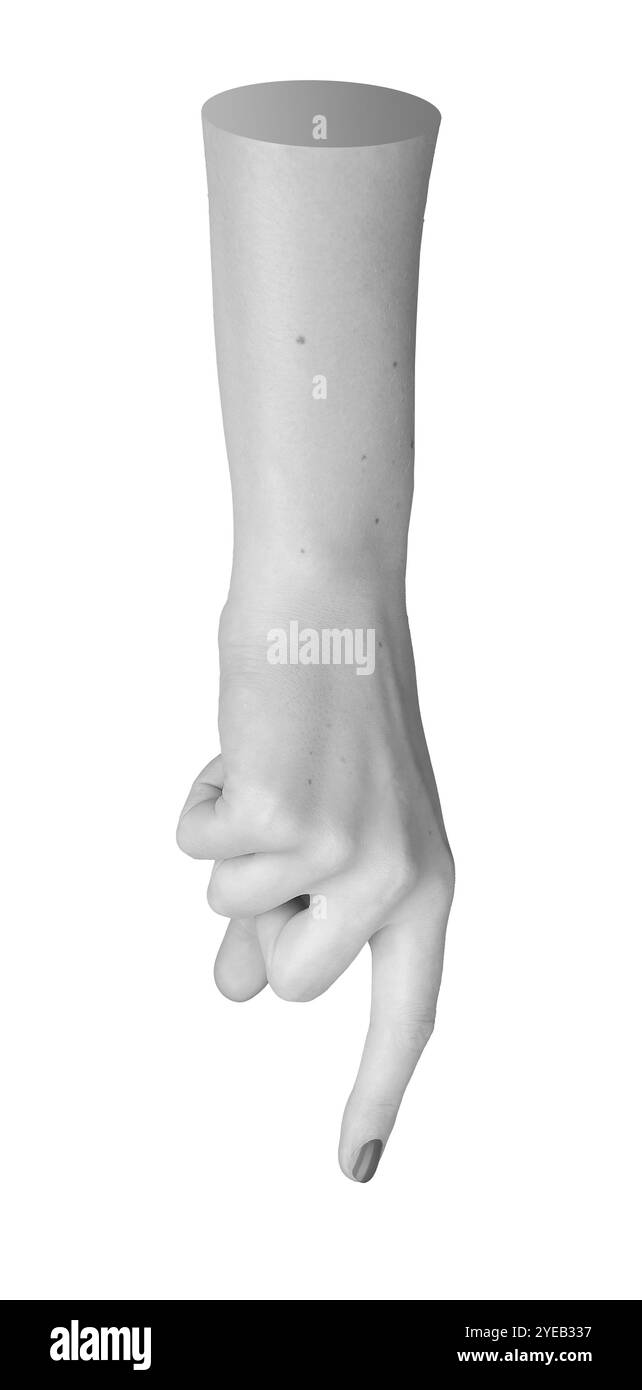 Großaufnahme einer weiblichen Hand mit gestrecktem Zeigefinger in einer zeigenden oder klickenden Geste, isoliert auf weißem Hintergrund. Ideal für die Darstellung eines Curso Stockfoto