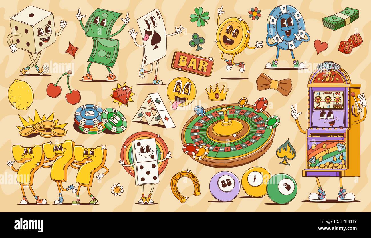 Cartoon-grooviges Casino und Spielfiguren von Glücksspielspielen und -Wetten. Retro psychedelische Pokerkarte, Würfel, Chips und Roulette-Vektorfiguren. Vintage-Spielautomat, Goldmünzen, Geld Stock Vektor