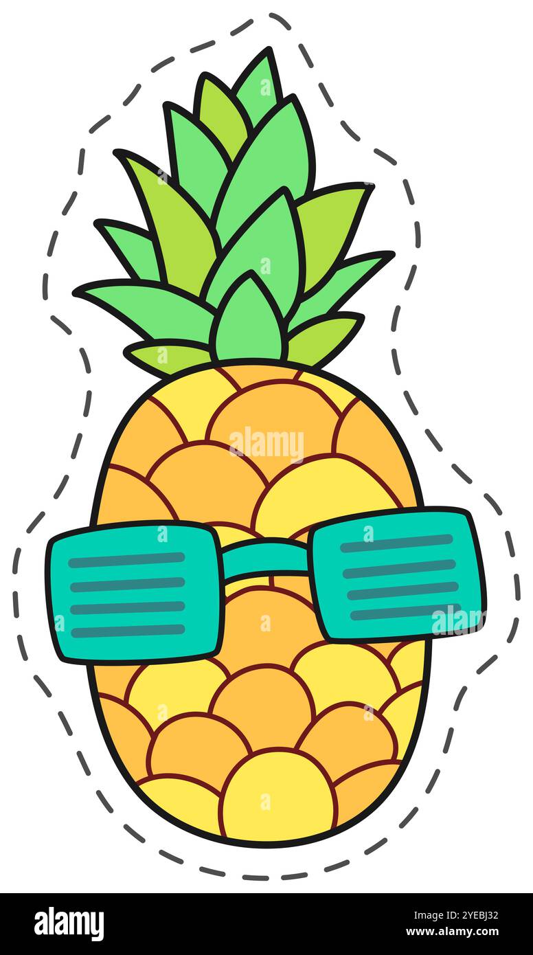 Cartoon-Illustration einer Ananas, die eine Sonnenbrille trägt, mit einem großen Lächeln und einer ausgeschnittenen Umrisse. Perfekt für Designs im Sommer, tropisch Stock Vektor