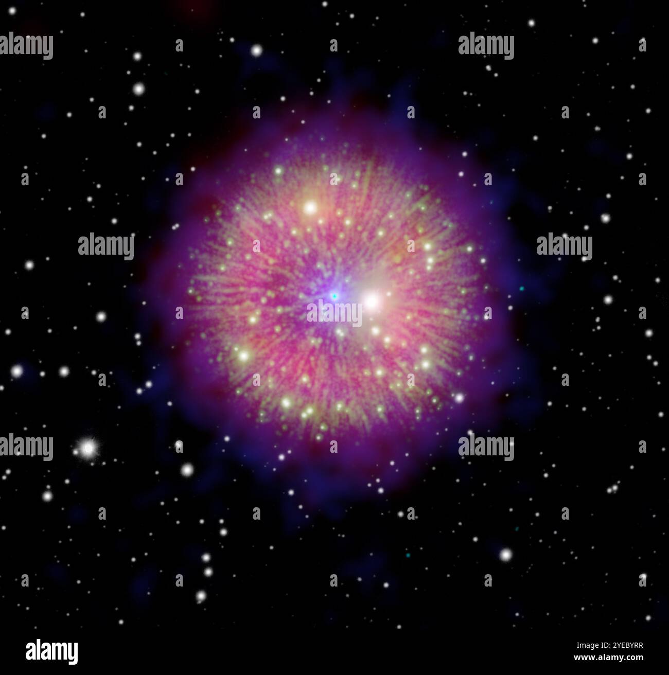 Großer Raum. 30. Oktober 2024. DATEI: Supernova RestSNR 1181. Als 1181 eine Supernova sechs Monate lang am Nachthimmel glitzerte, war sie so hell, dass chinesische und japanische Astronomen sie als „Gaststern“ im Sternbild Cassiopeia aufzeichneten. Astronomen, die den Keck Cosmic Web Imager oder KCWI am W. M. Keck Observatory in Hawaii verwenden, haben eine Sphäre seltsamer Filamente kartiert, die sich von der Stelle entfernt erstrecken, an der der Stern explodierte. Quelle: NASA/JPL/Caltech/ZUMA Wire/Alamy Live News Stockfoto