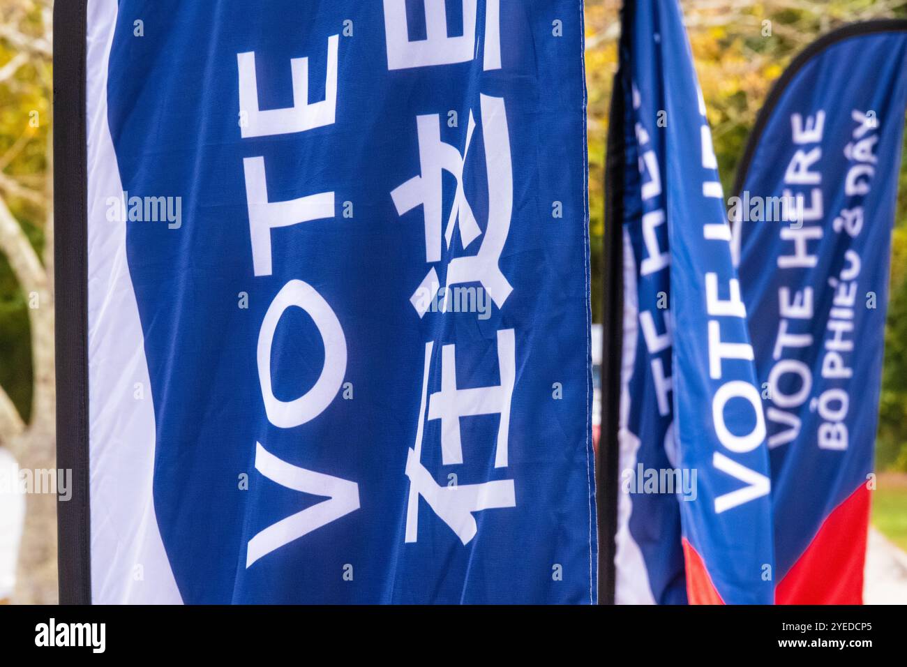 Mehrsprachige „Vote here“-Banner in einer Wahlstation in Metro Atlanta, Georgia, während der frühen Wahl für die US-Präsidentschaftswahlen 2024. (USA) Stockfoto