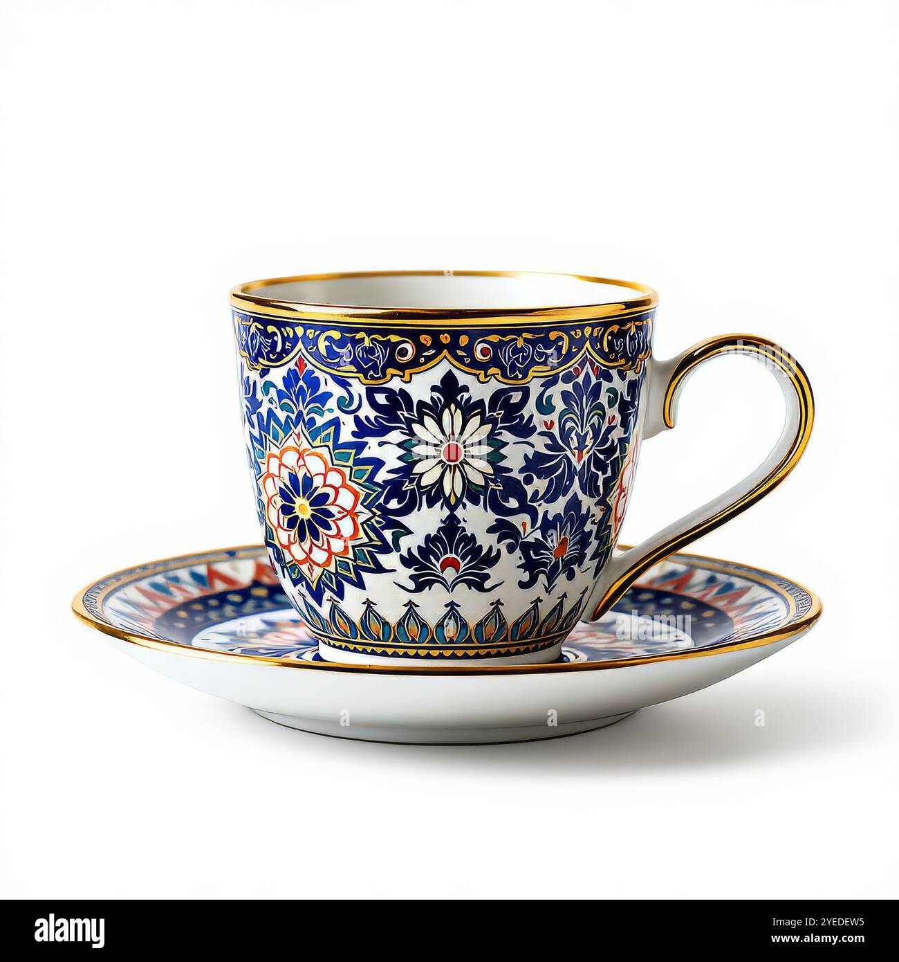 Vintage-Kaffeeset mit farbenfroher Dekoration isoliert Stockfoto