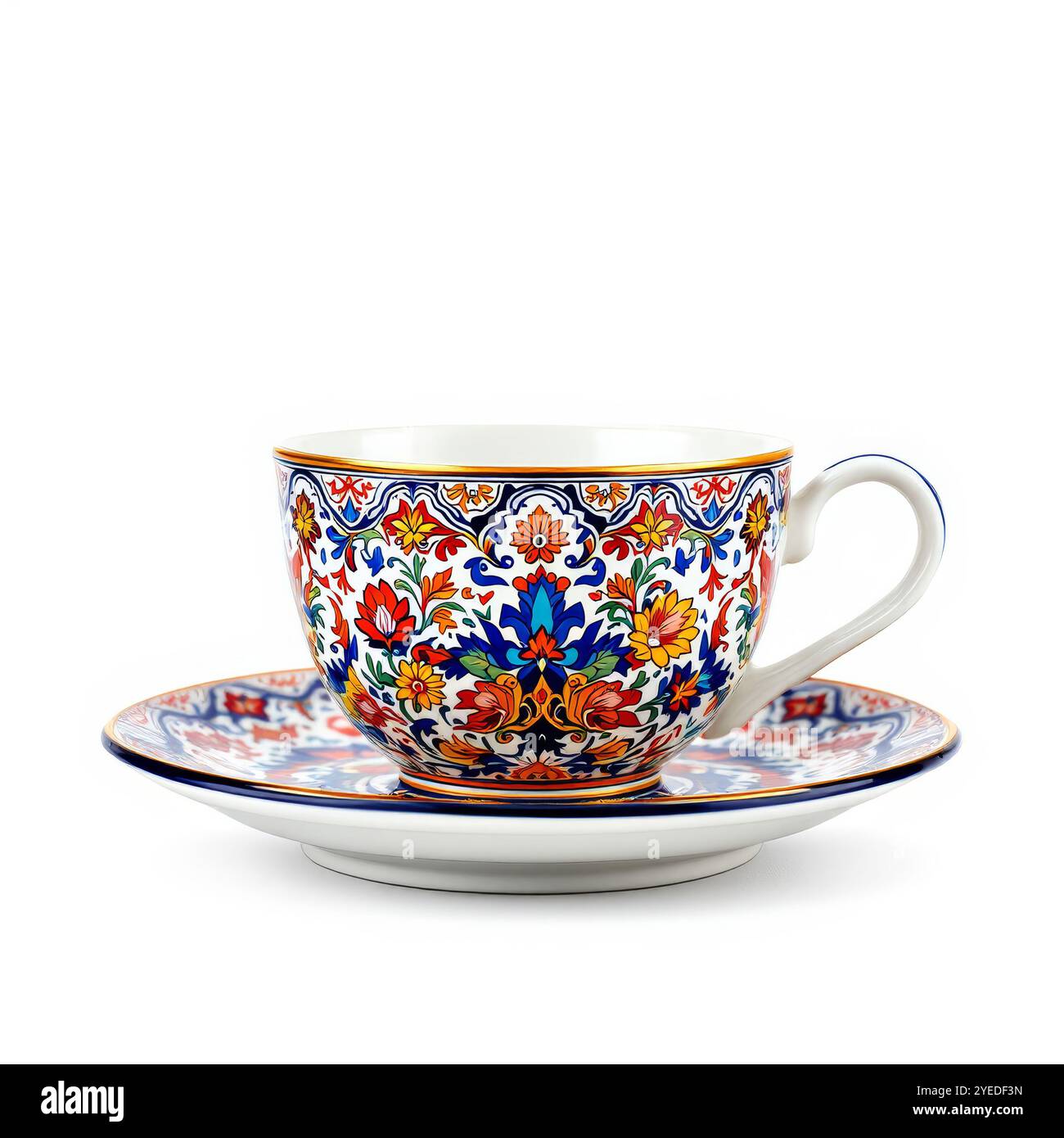 Vintage-Kaffeeset mit farbenfroher Dekoration isoliert Stockfoto