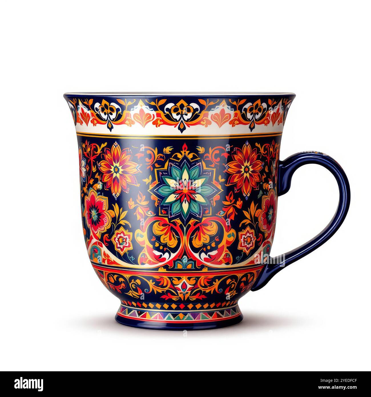 Vintage-Kaffeeset mit farbenfroher Dekoration isoliert Stockfoto