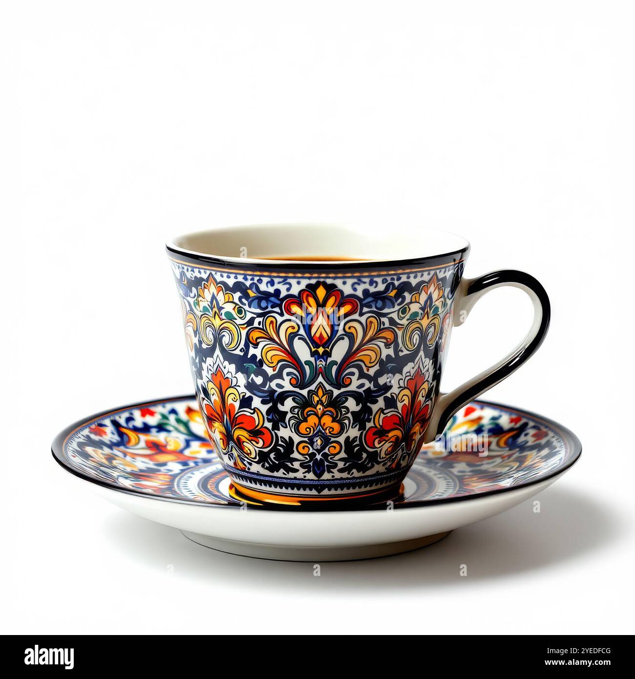 Vintage-Kaffeeset mit farbenfroher Dekoration isoliert Stockfoto