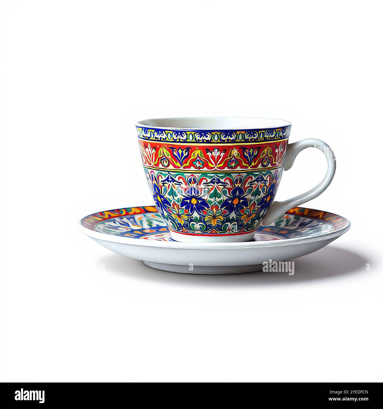 Vintage-Kaffeeset mit farbenfroher Dekoration isoliert Stockfoto