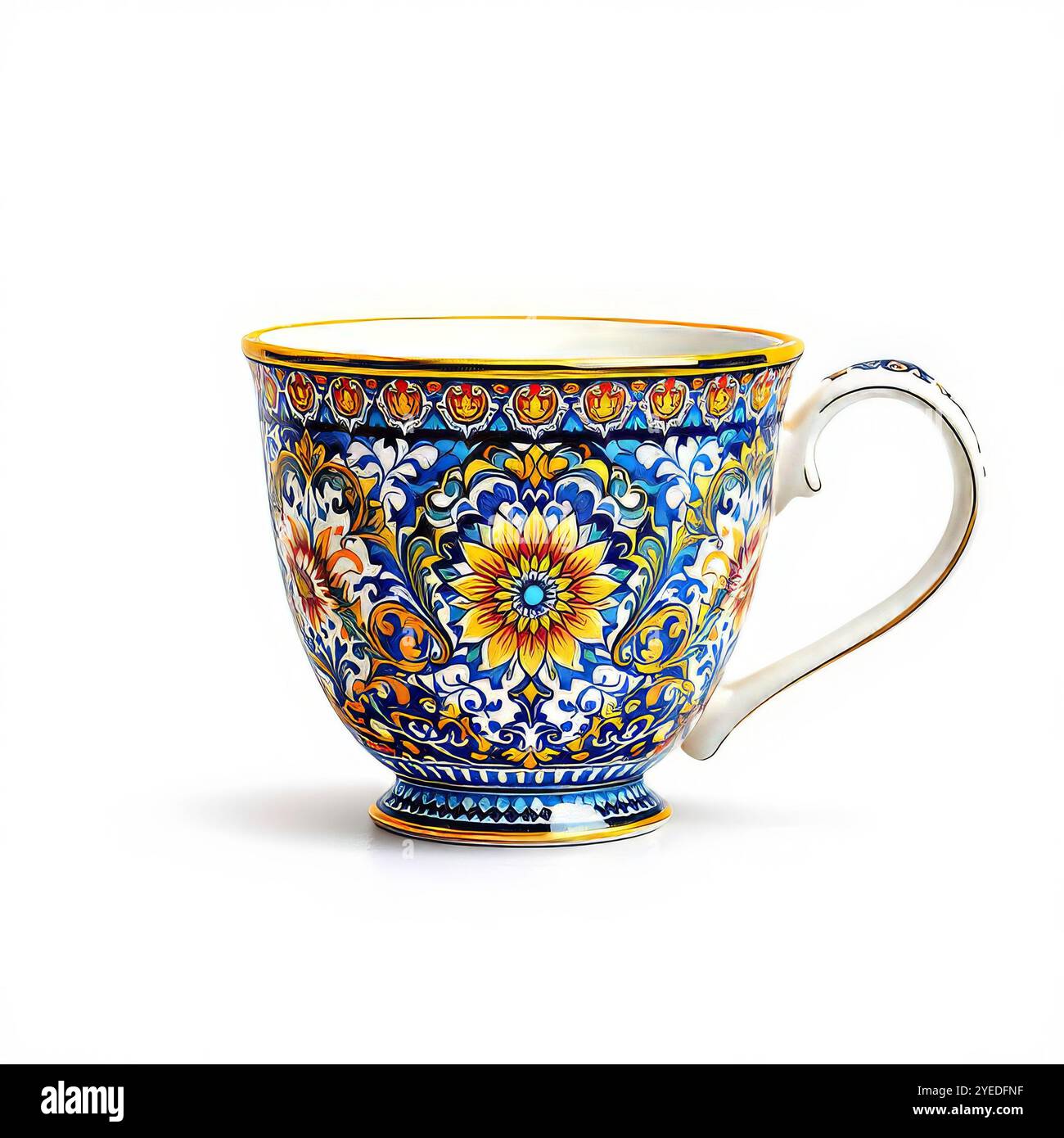 Vintage-Kaffeeset mit farbenfroher Dekoration isoliert Stockfoto