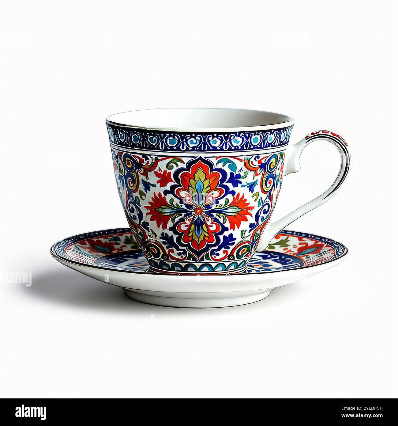 Vintage-Kaffeeset mit farbenfroher Dekoration isoliert Stockfoto